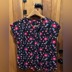Talbots Black Floral V-Neck Short Sleeve Blouse with Red and Blue Blooms
